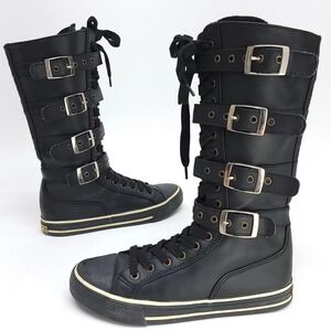 Underground Shoes England Boots Black 4 Buckle 17‎ Eyelet Zip Up Womens 7.5 US